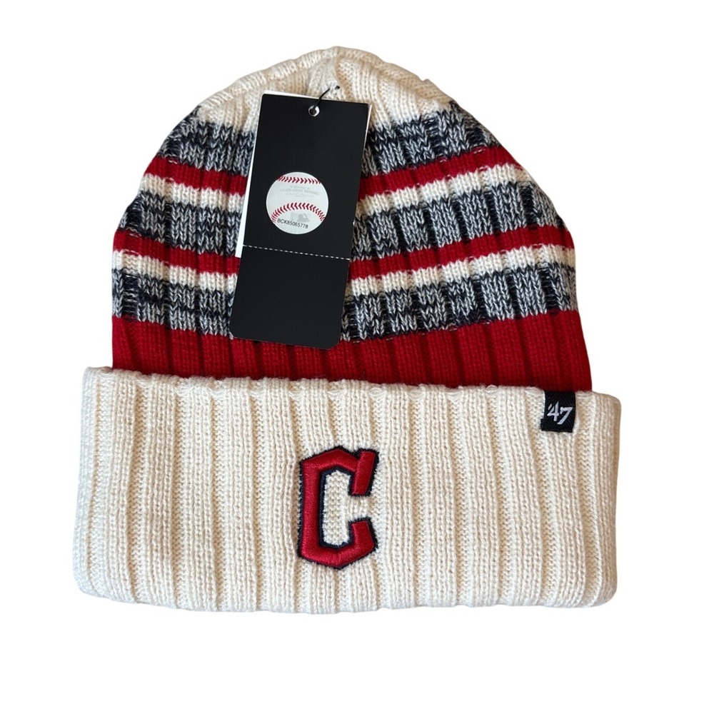 47 Brand Beanie Hat Unisex White NWT Cleveland Indians Striped Knit SIZE OSFA